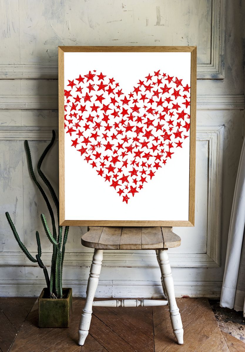 Red Star Heart Typography Print. room preview
