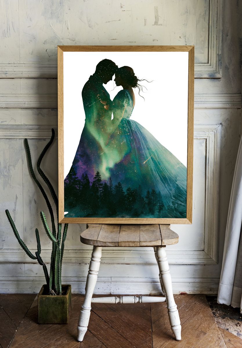 Cosmic Lovers Silhouette Print. room preview