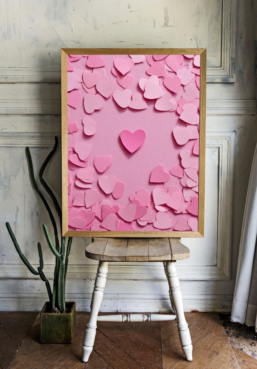 Pink Heart Confetti Typography Print. room preview