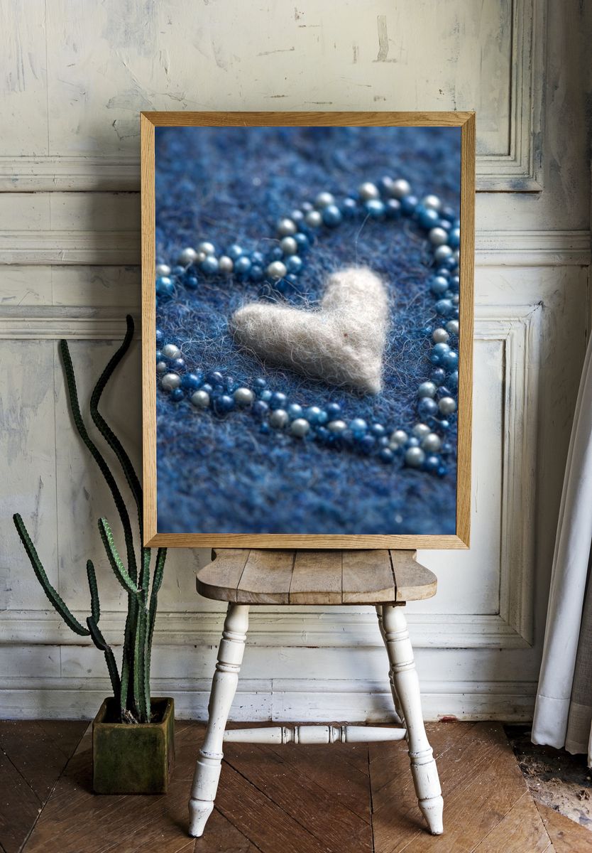 Blue Felt Heart Typography Print. — room view 1