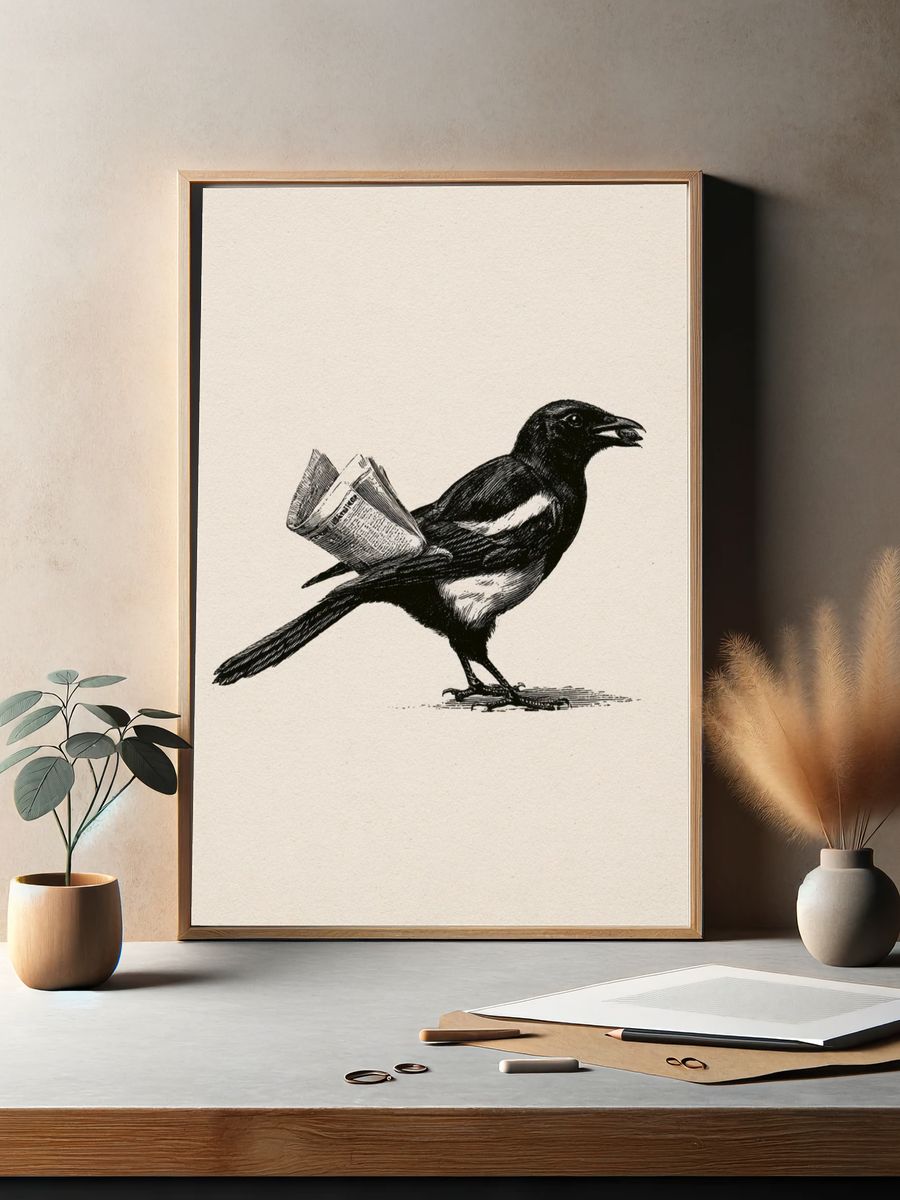 Magpie with Newspaper Illustration Poster. — room view 2