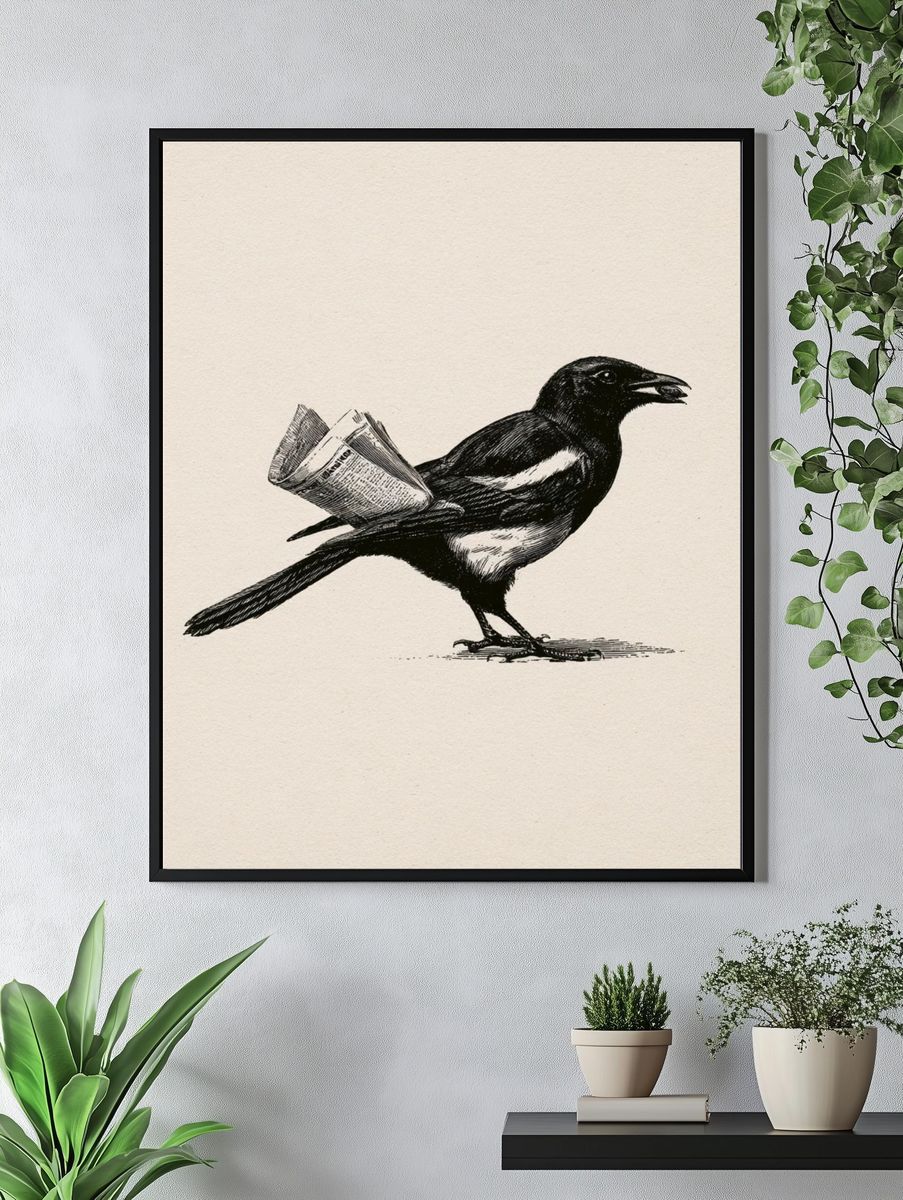Magpie with Newspaper Illustration Poster. — room view 4