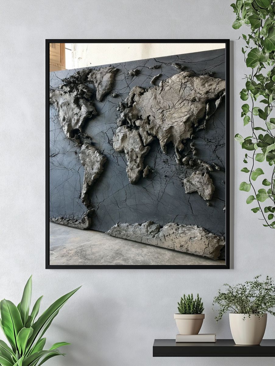 Textured World Map Contemporary Print. — room view 4