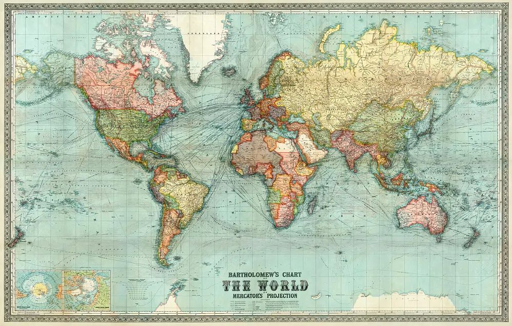 Bartholomew's chart world Mercator's projection. poster detail