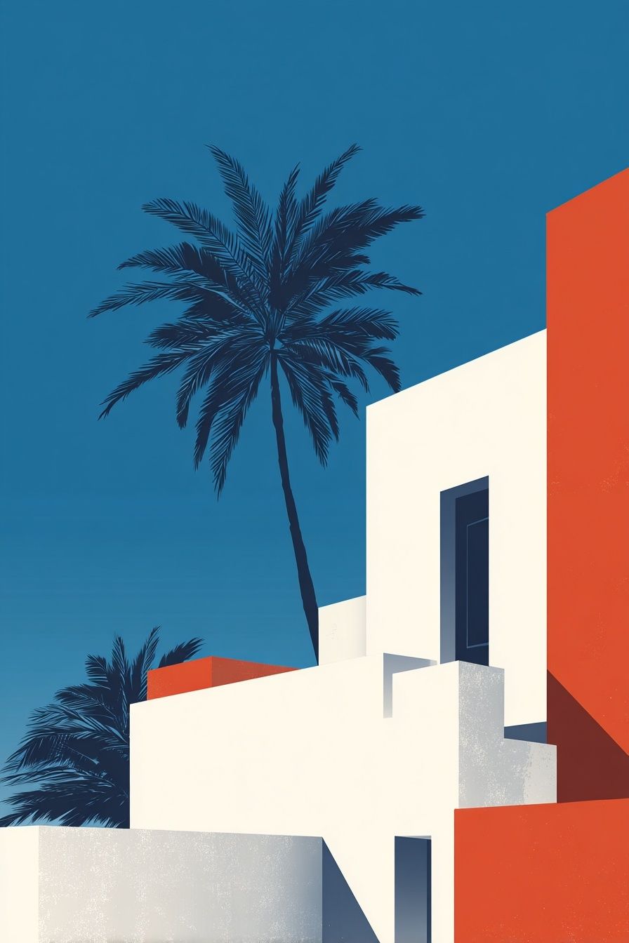 Modern Architecture with Palm Tree — Illustration Print. poster — illustration art
