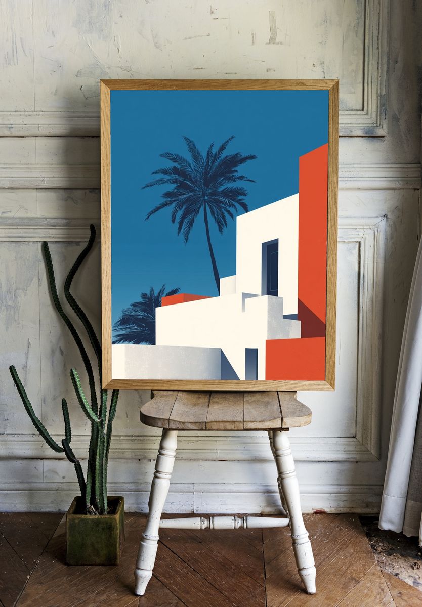 Modern Architecture with Palm Tree — Illustration Print room preview