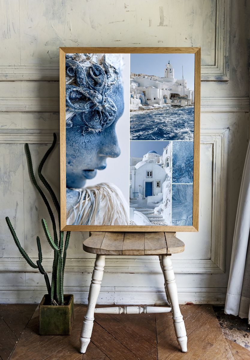 Santorini Blue Collage Poster. room preview
