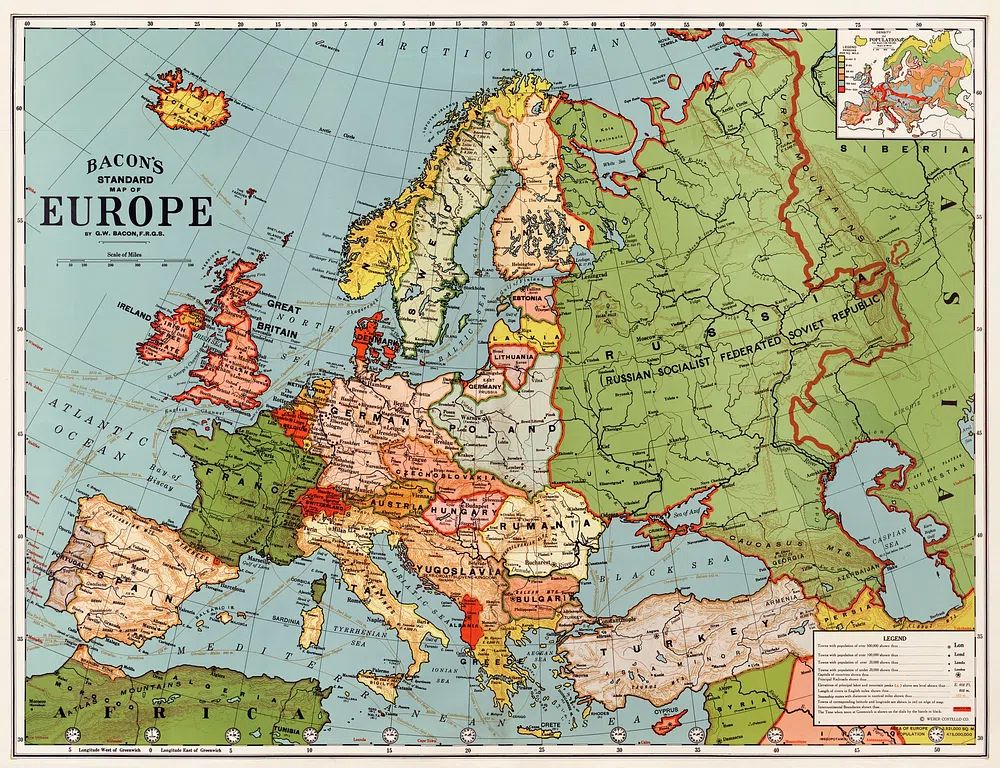 Bacon's standard map Europe George. poster — maps-travel art