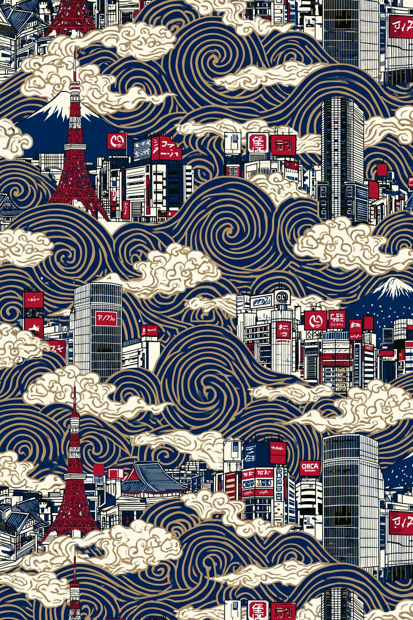 Tokyo Skyline Wave Print. poster detail