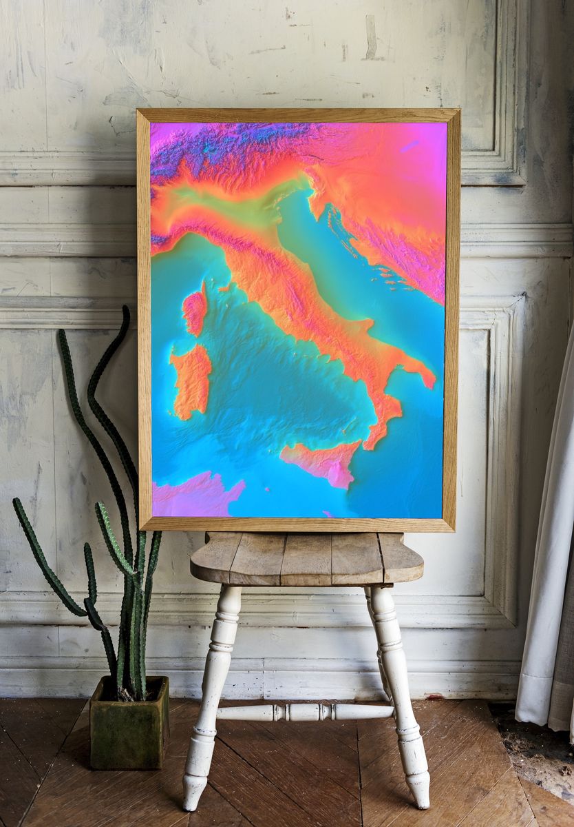 Italy Topographic Neon Poster. — room view 1