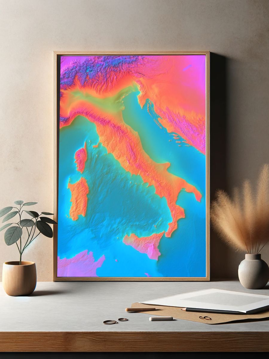 Italy Topographic Neon Poster. — room view 2