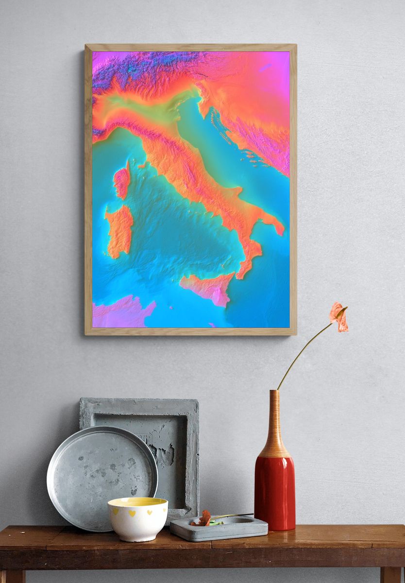Italy Topographic Neon Poster. — room view 3