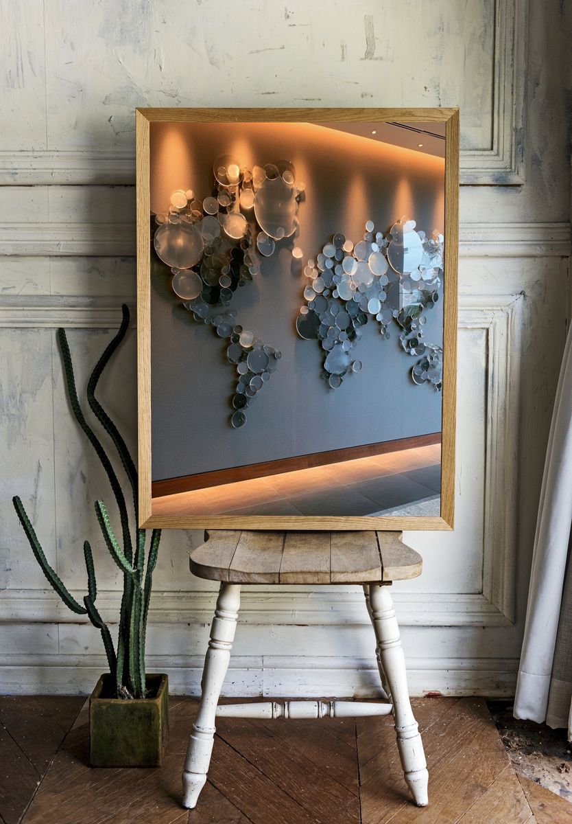 Glass World Map Photography Poster. — room view 1