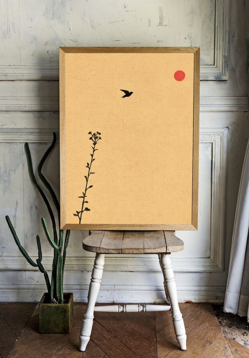 Bird and Sun Minimalist Print. room preview
