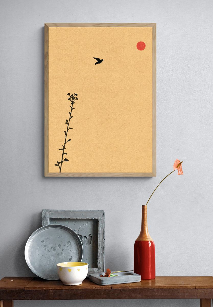 Bird and Sun Minimalist Print. — room view 3