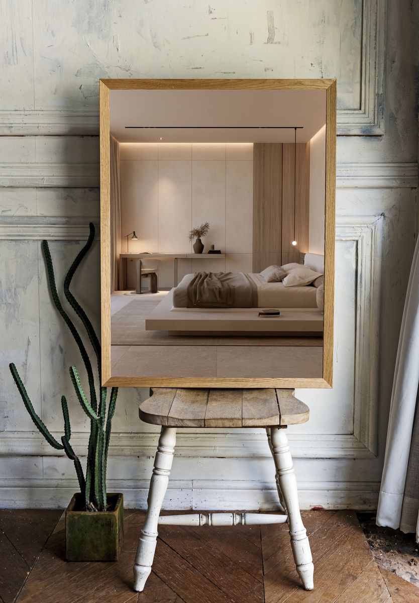 Minimalist Beige Bedroom Interior Poster. — room view 1