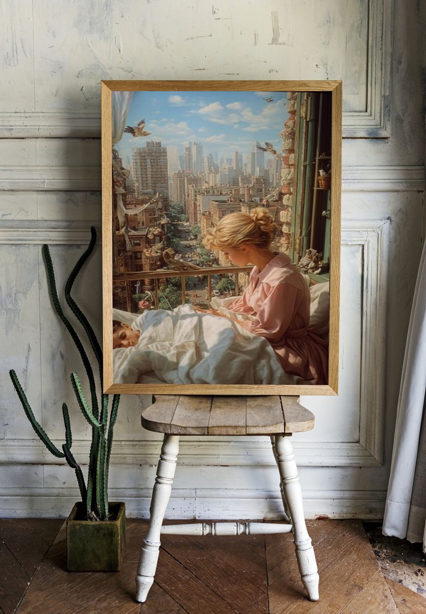 Mother and Child in Cityscape — Fine Art Print. room preview