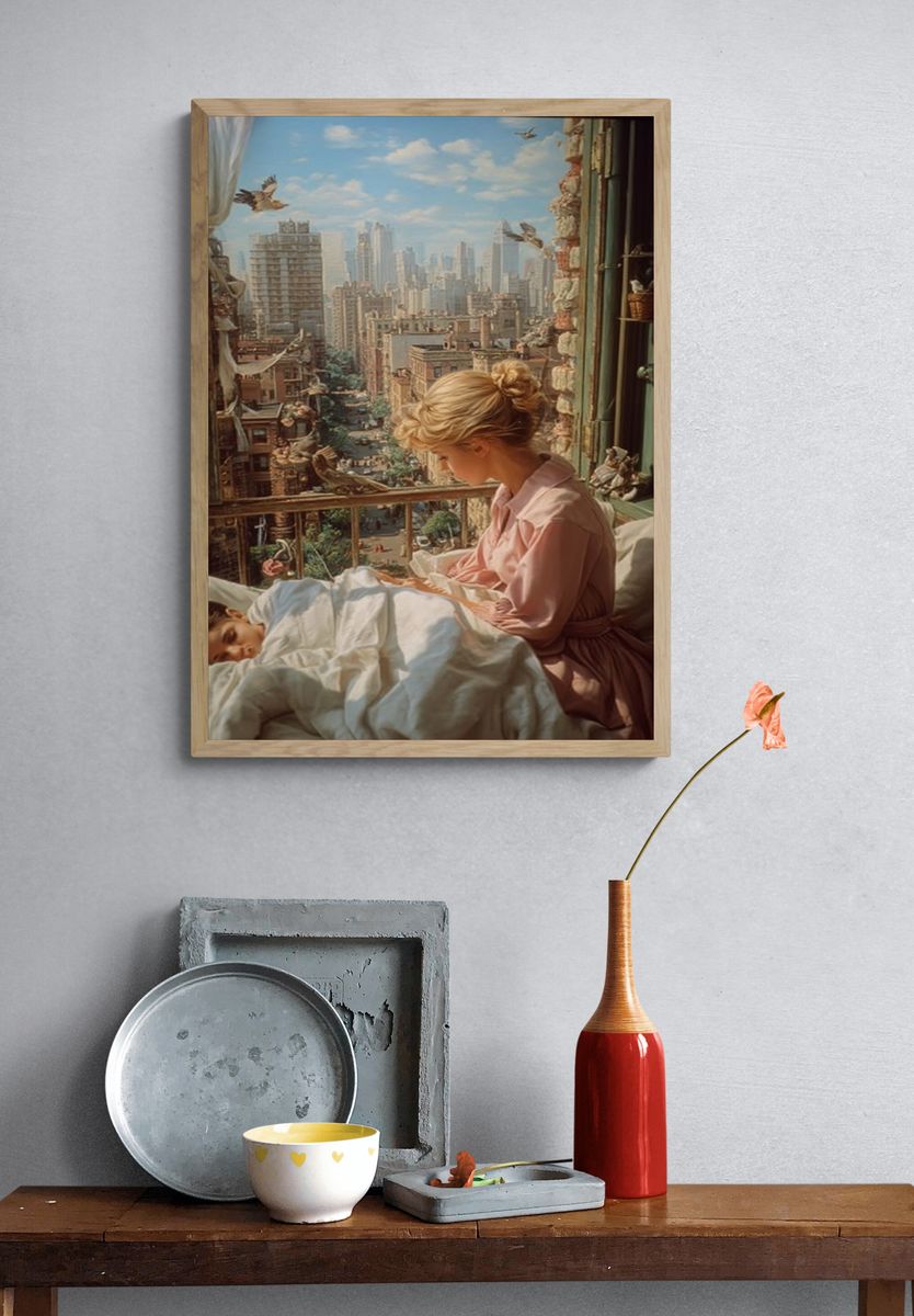 Mother and Child in Cityscape — Fine Art Print. — room view 3