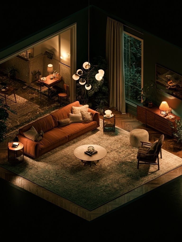 Moody Mid-Century Living Room Poster. poster — mid-century-modern art