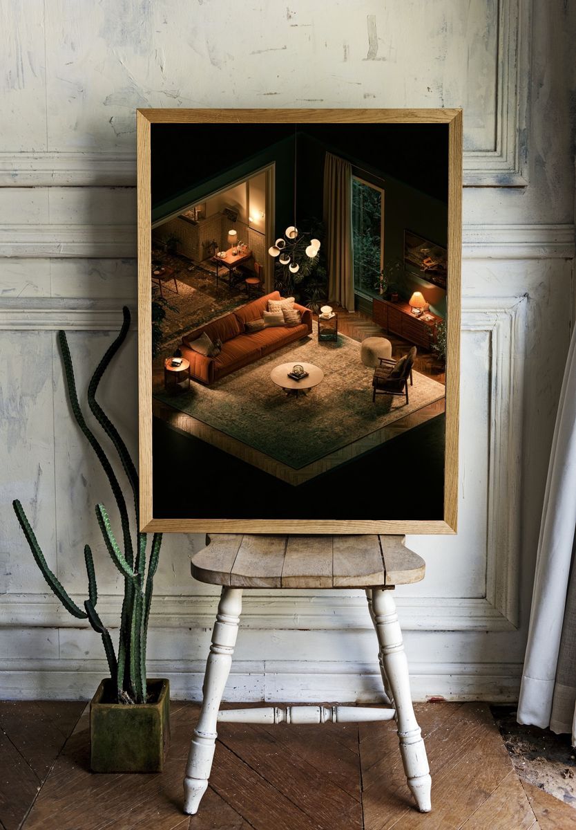 Moody Mid-Century Living Room Poster. room preview