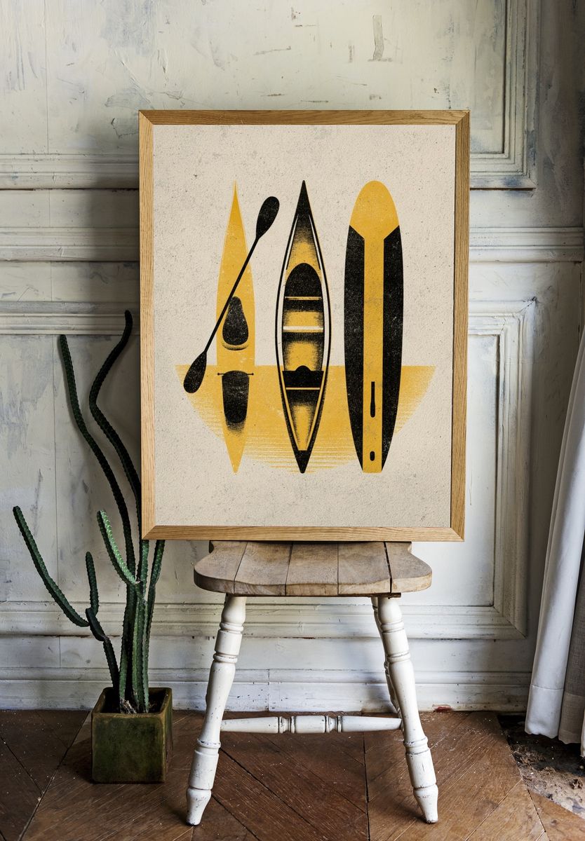 Yellow Kayaks Mid-Century Modern Poster. — room view 1