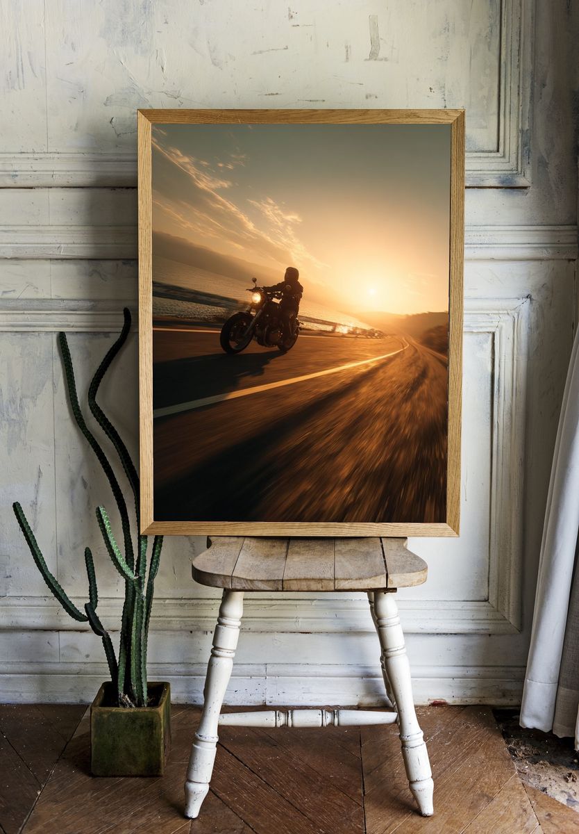 Motorcycle at Sunset Poster. — room view 1