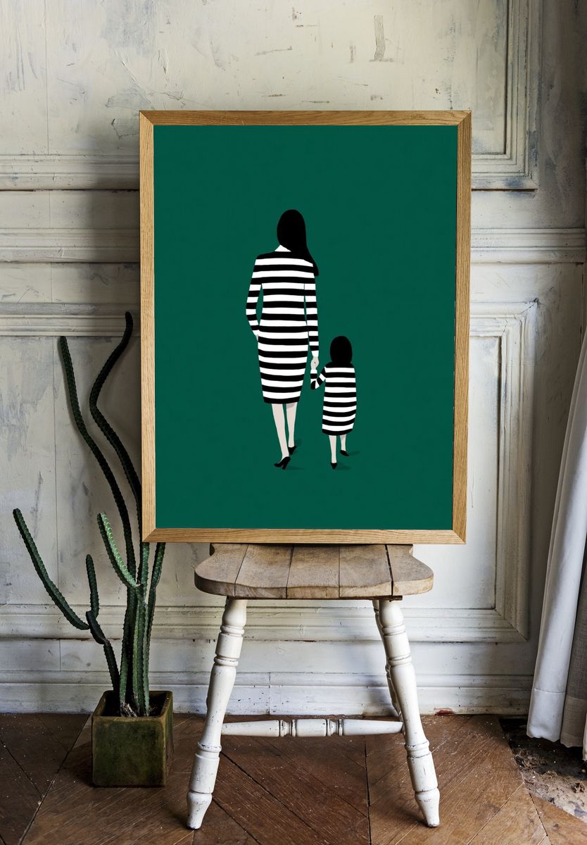 Mother and Child in Stripes — Minimalist Print room preview