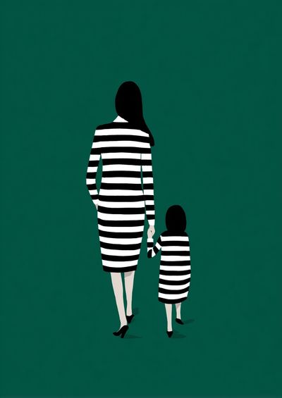 Mother and Child in Stripes — Minimalist Print. poster