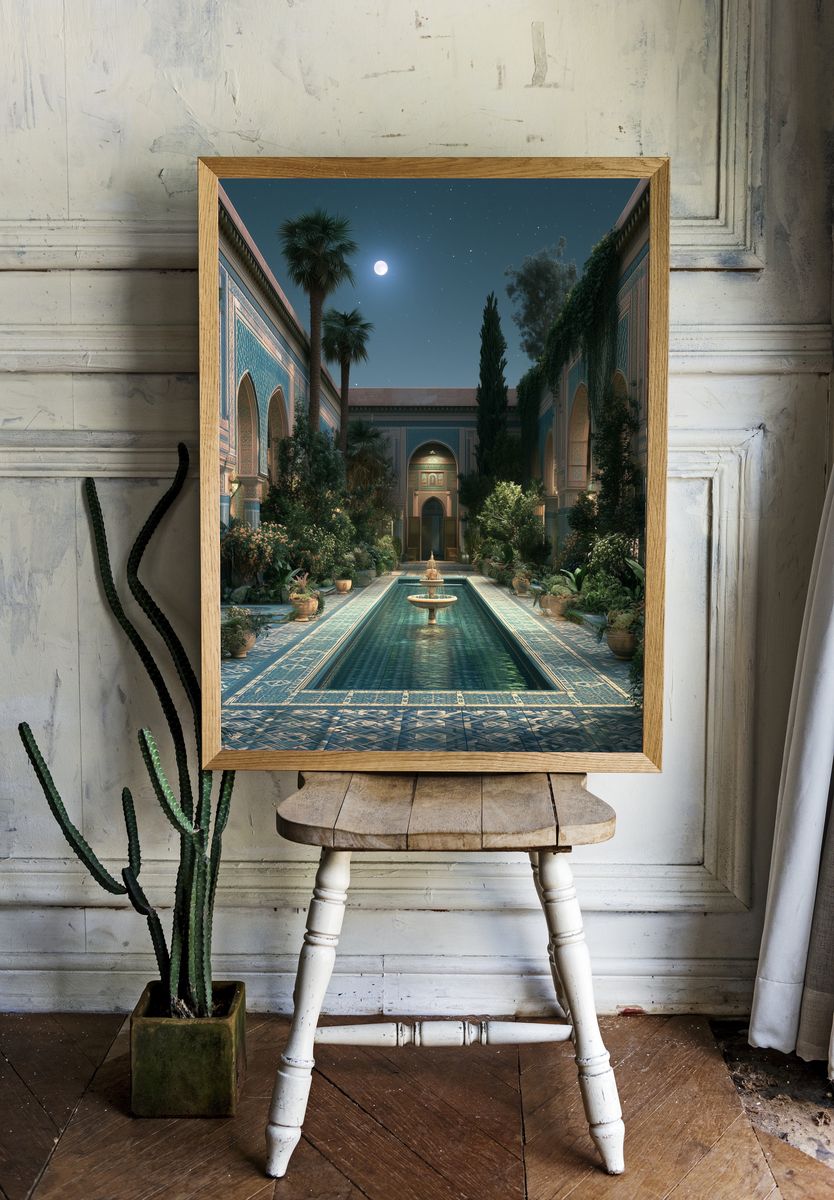 Moonlit Moroccan Courtyard Poster. room preview
