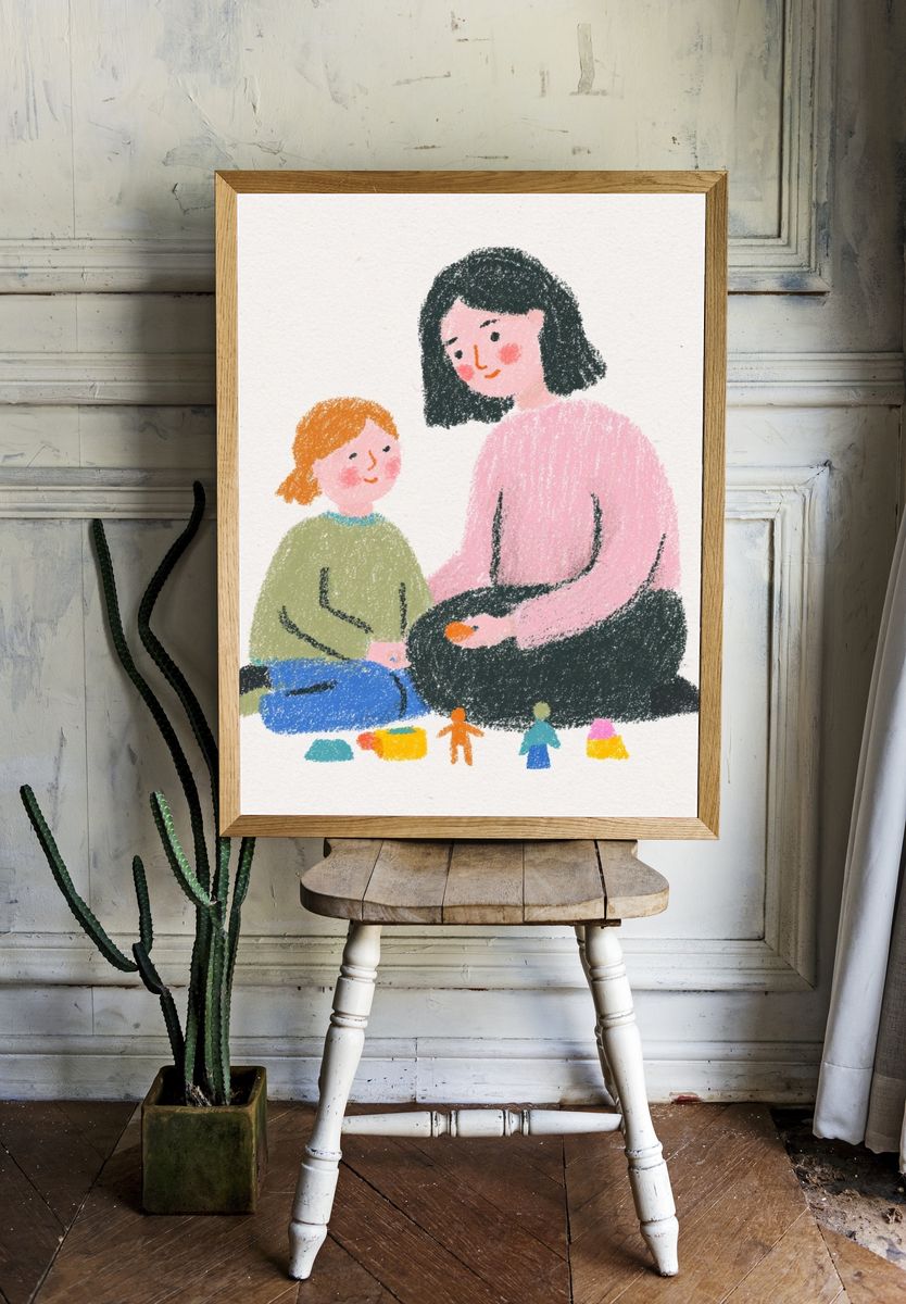 Mother and Child Playing — Illustration Print. room preview