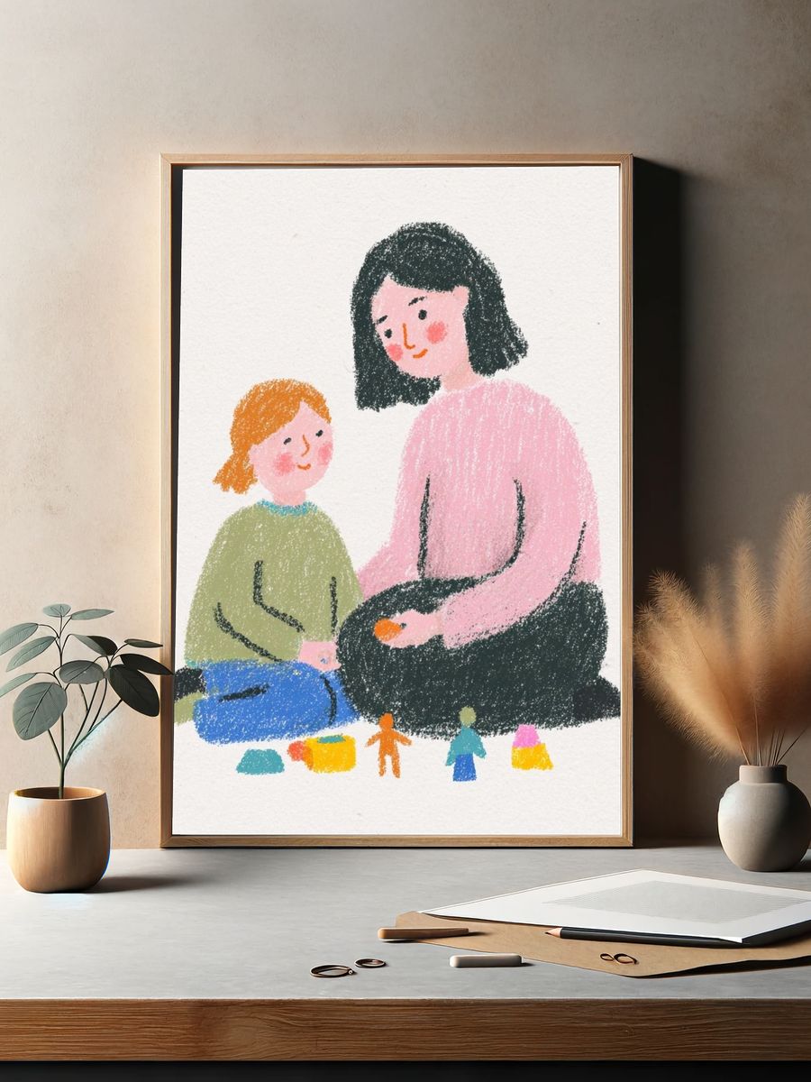Mother and Child Playing — Illustration Print. — room view 2