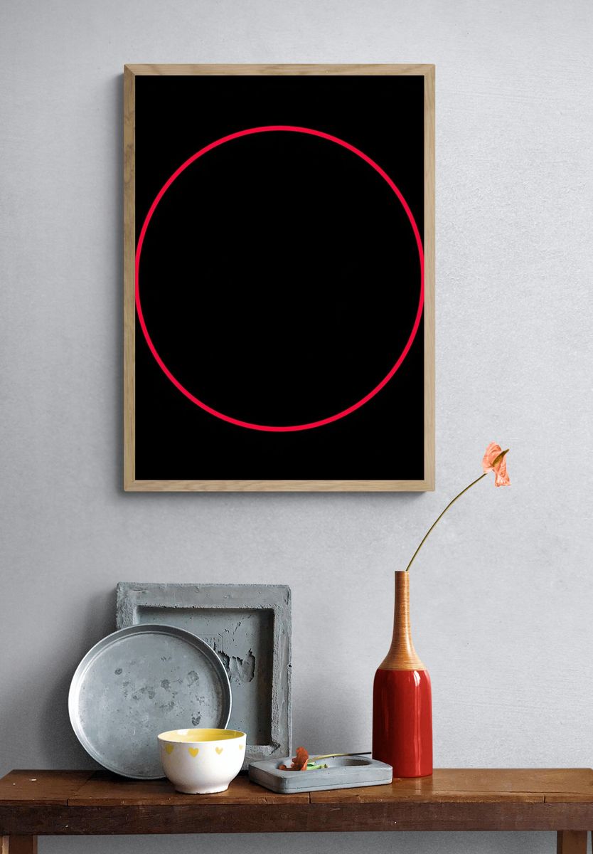 Red Circle on Black Background — Minimalist Print. — room view 3