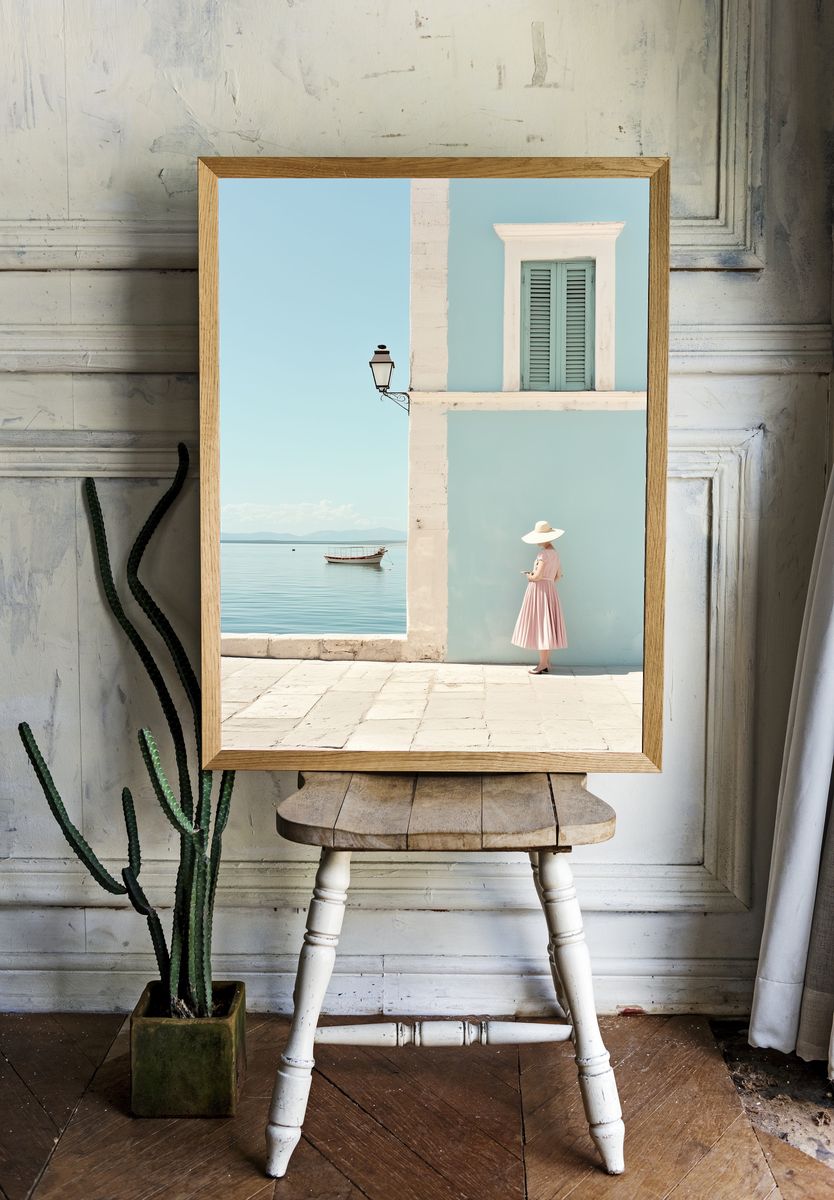 Mediterranean Seaside Woman Photography Poster. — room view 1