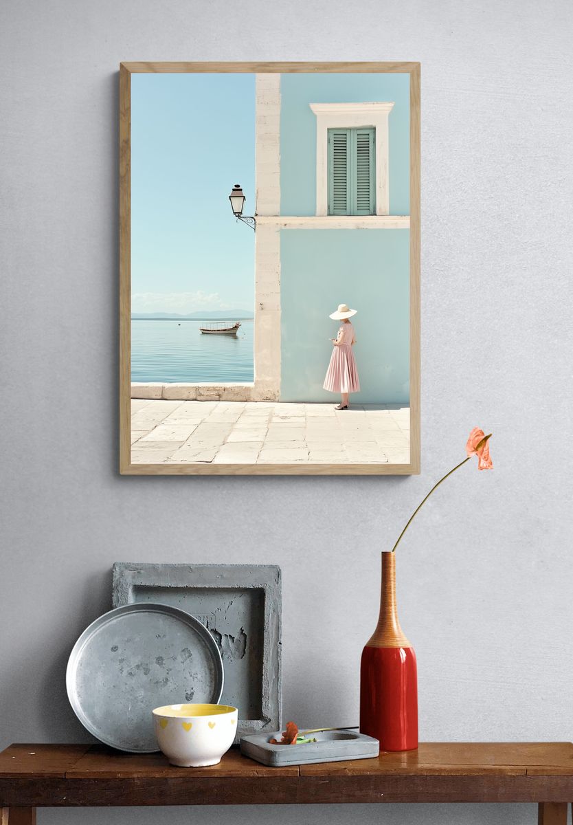 Mediterranean Seaside Woman Photography Poster. — room view 3