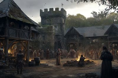 Medieval Village Courtyard Fantasy Print. poster print