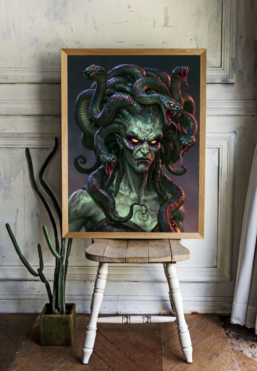 Medusa Serpent Portrait Print. — room view 1