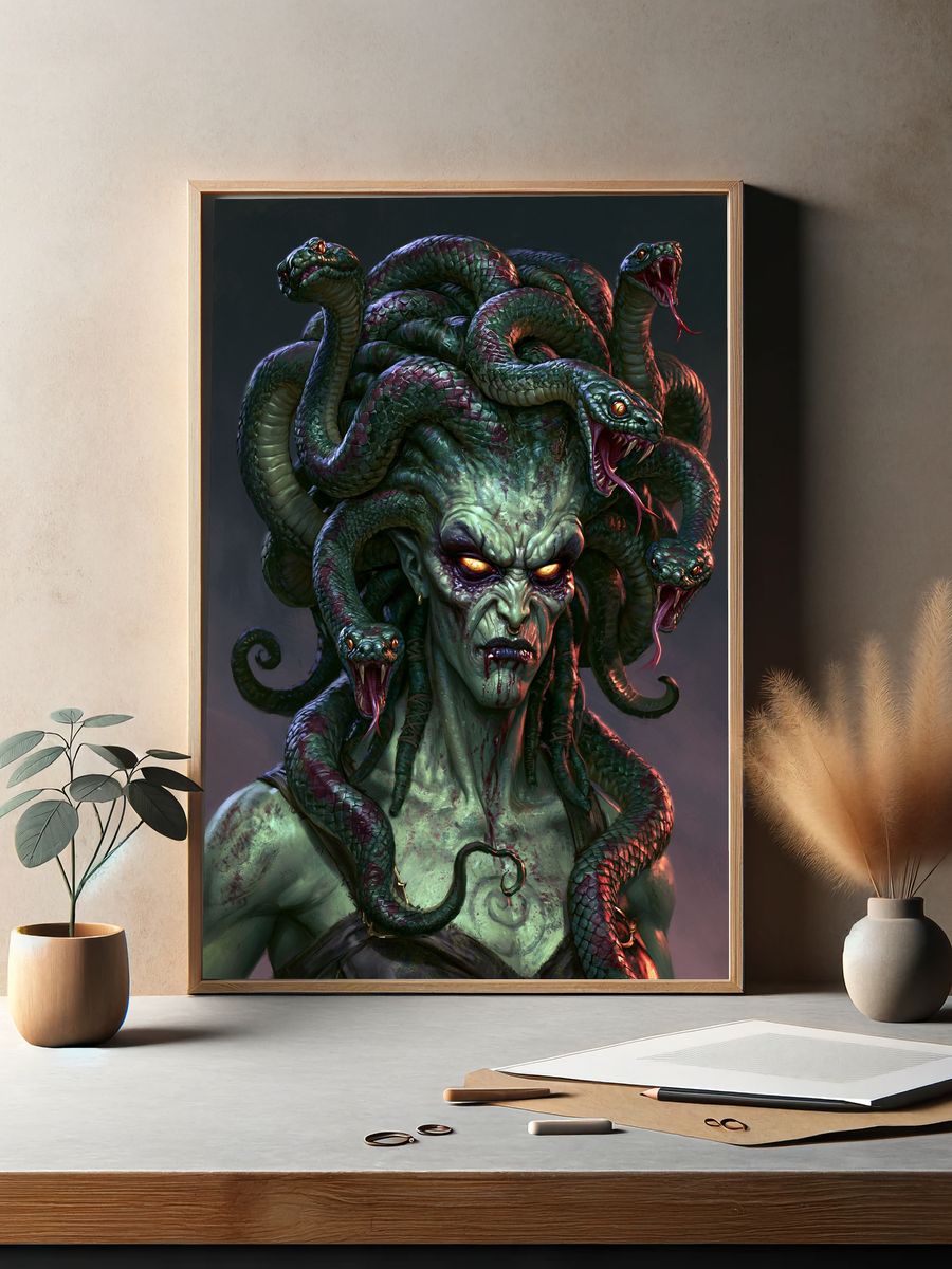 Medusa Serpent Portrait Print. — room view 2