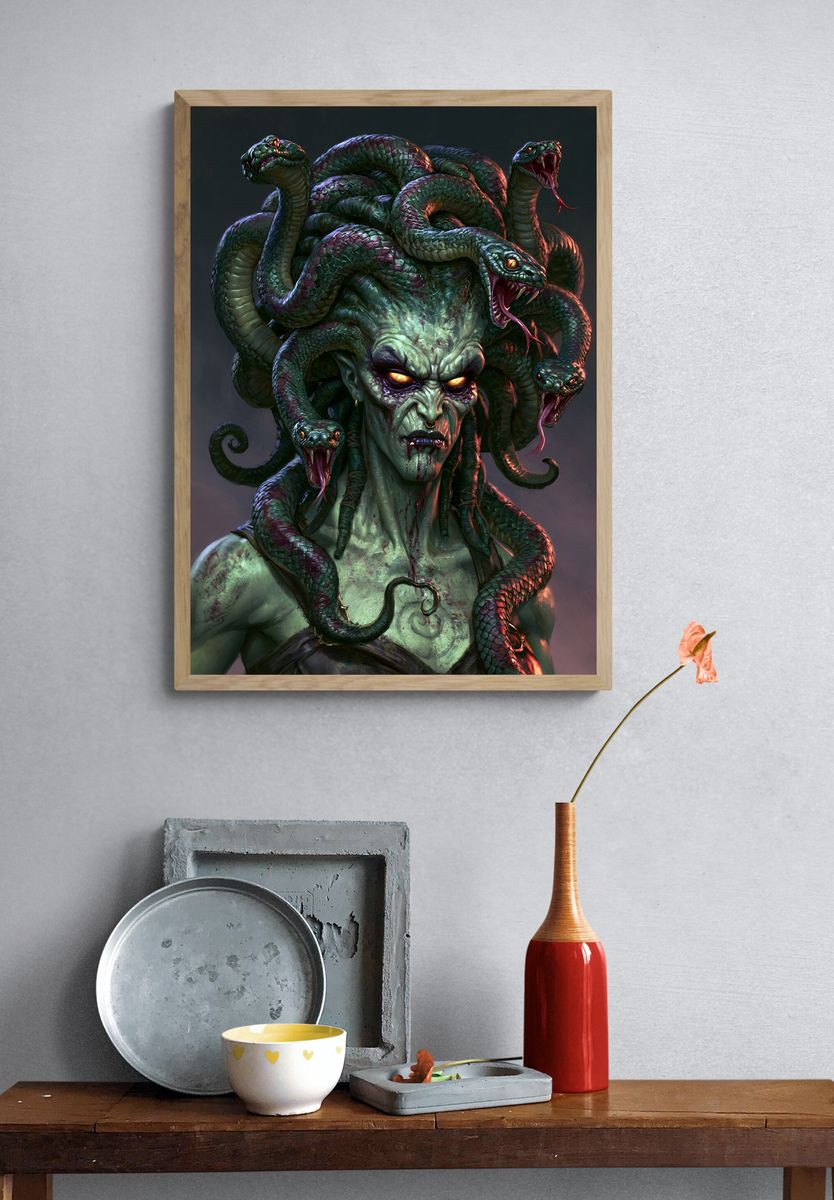 Medusa Serpent Portrait Print. — room view 3