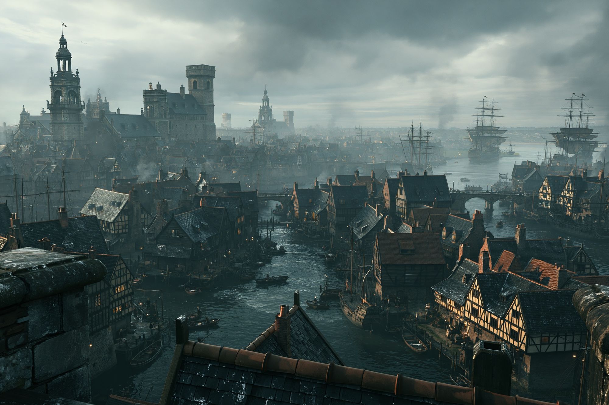 Medieval Harbor Cityscape Print. poster detail
