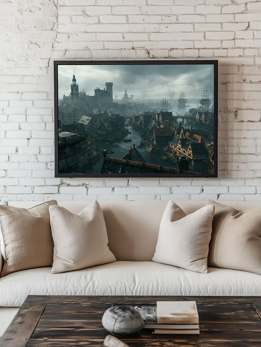 Medieval Harbor Cityscape Print. room preview