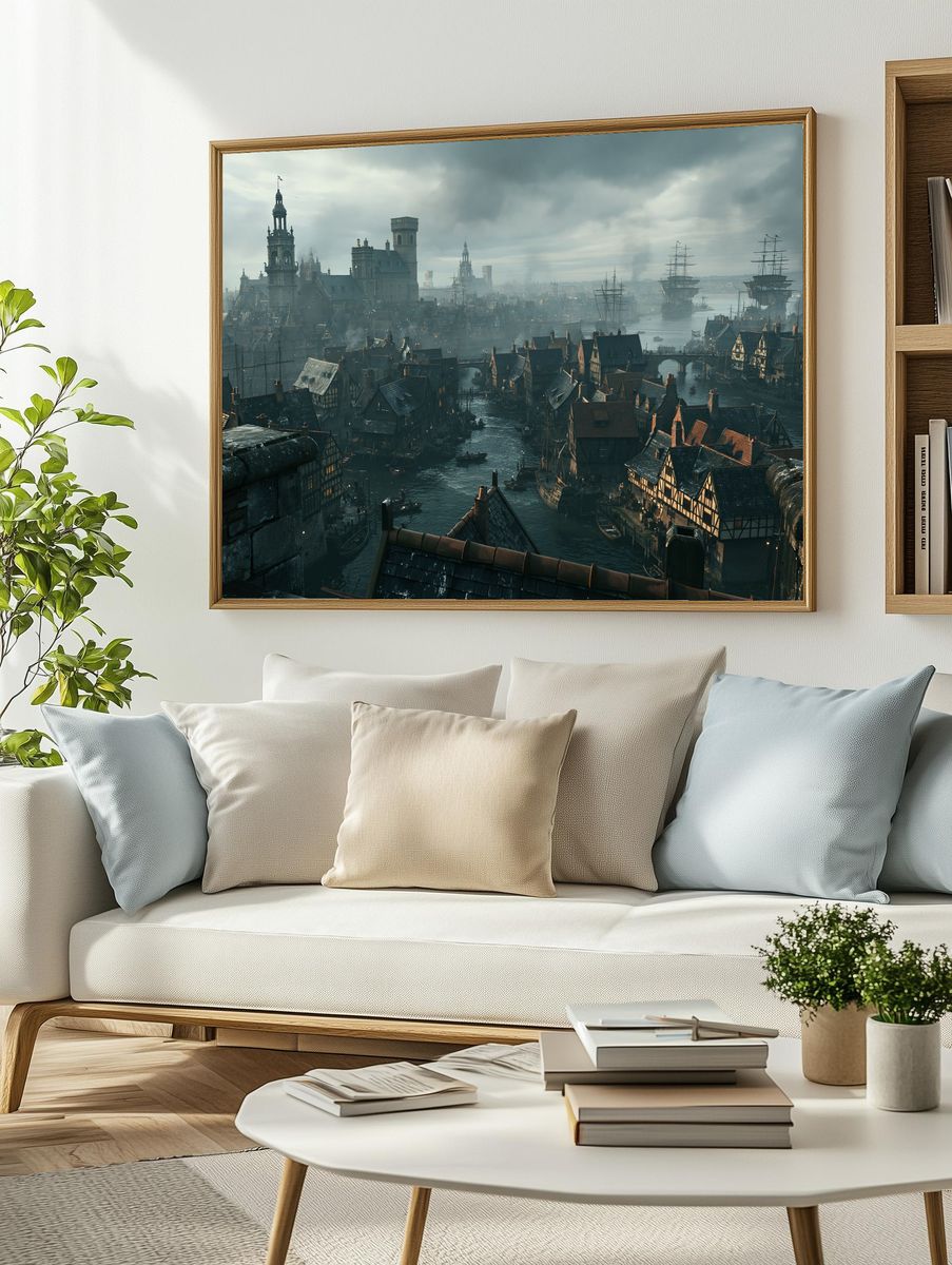 Medieval Harbor Cityscape Print. — room view 2