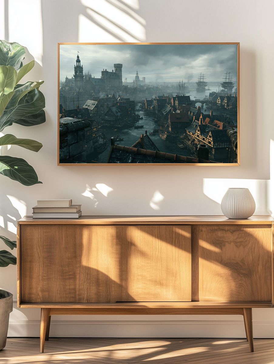 Medieval Harbor Cityscape Print. — room view 3