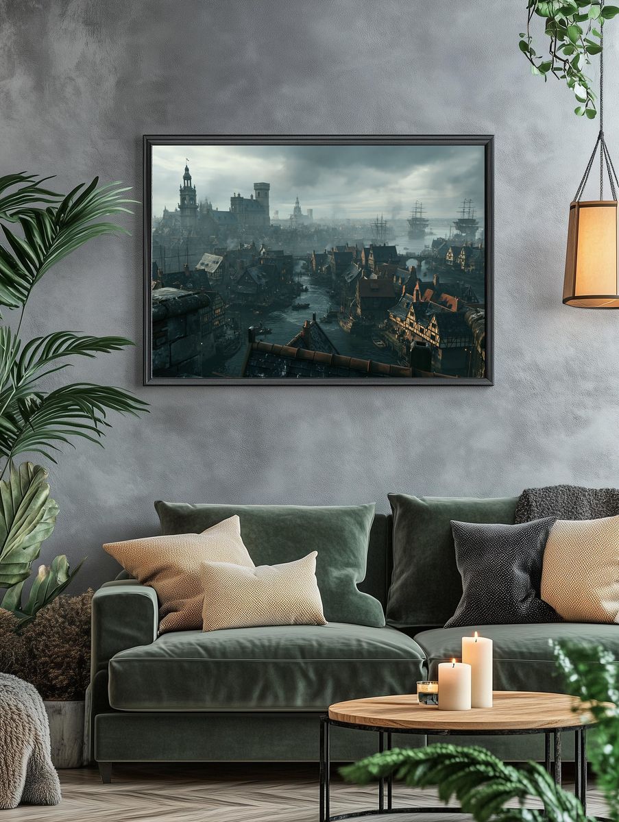 Medieval Harbor Cityscape Print. — room view 4