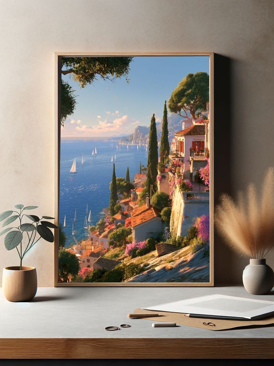 Mediterranean Coastline Sunset Print. — room view 2