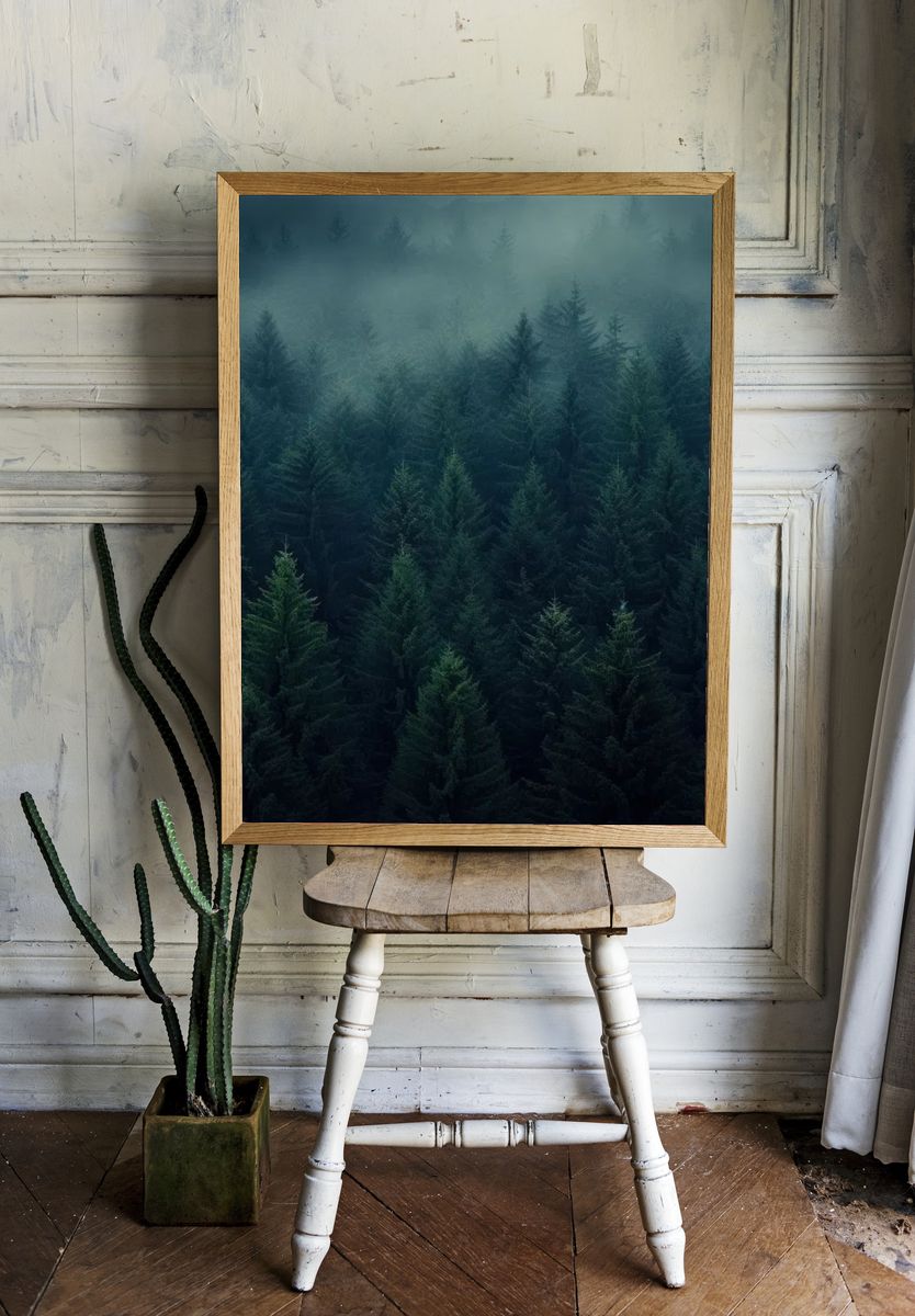 Misty Forest at Dawn Poster. — room view 1