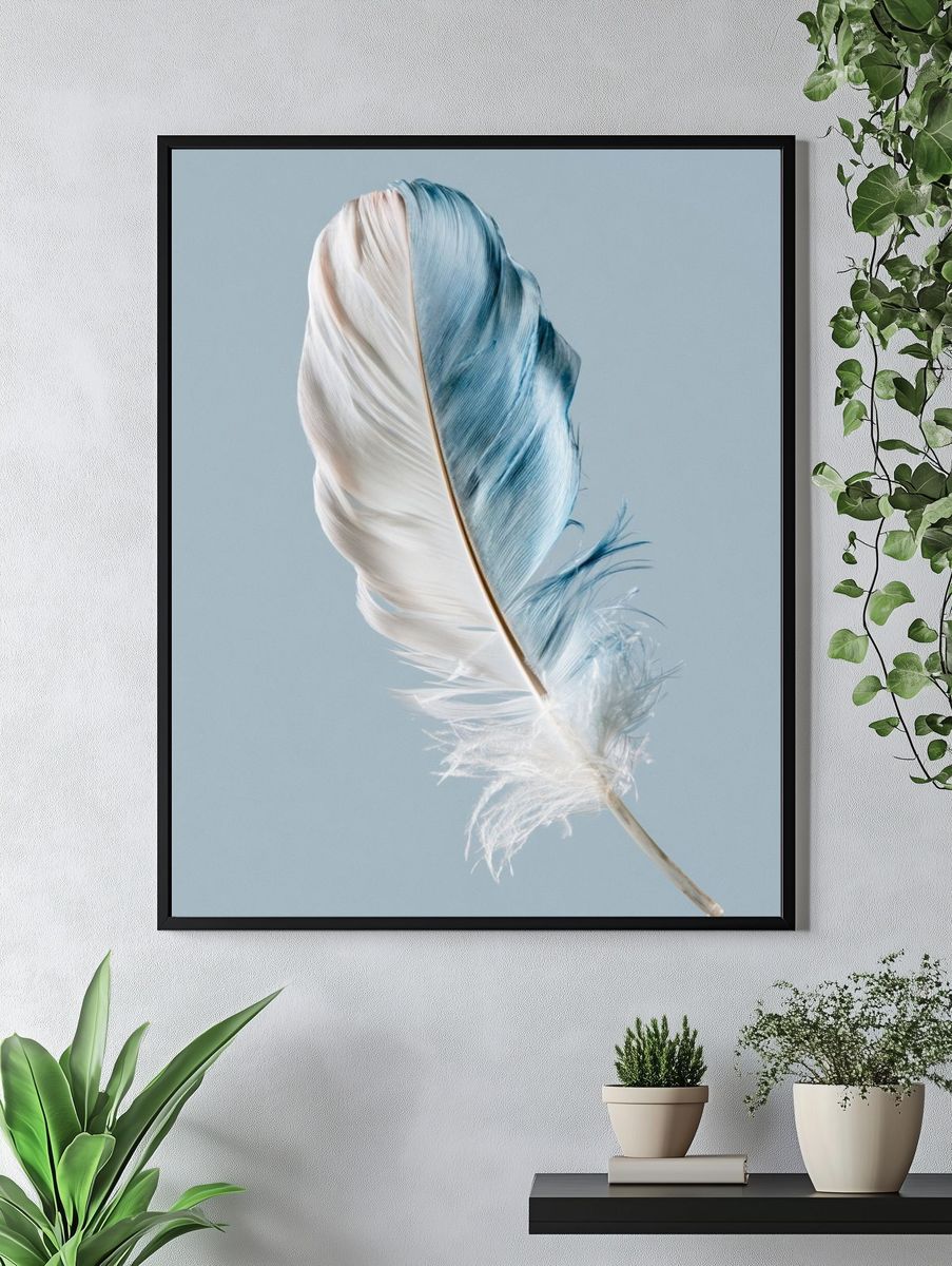 Blue and White Feather Print. — room view 4