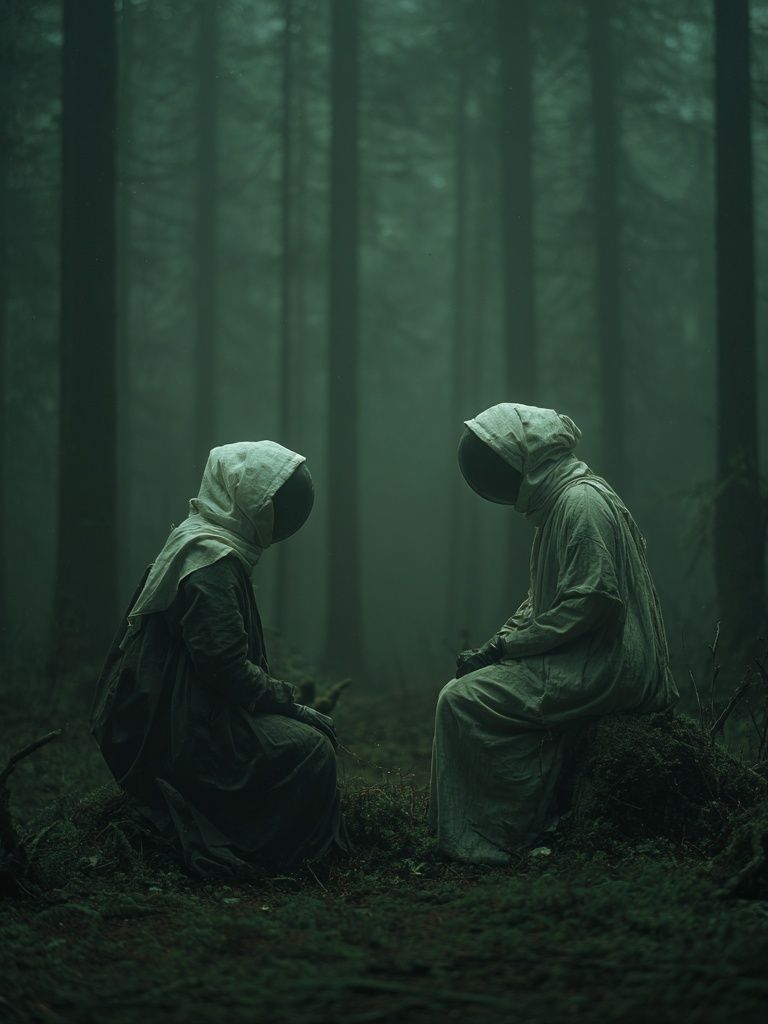 Mysterious Figures in Foggy Forest Poster. poster — fine-art art