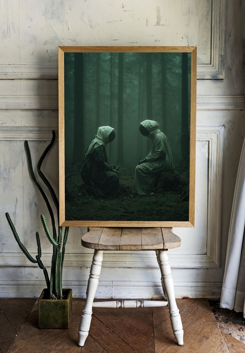 Mysterious Figures in Foggy Forest Poster room preview