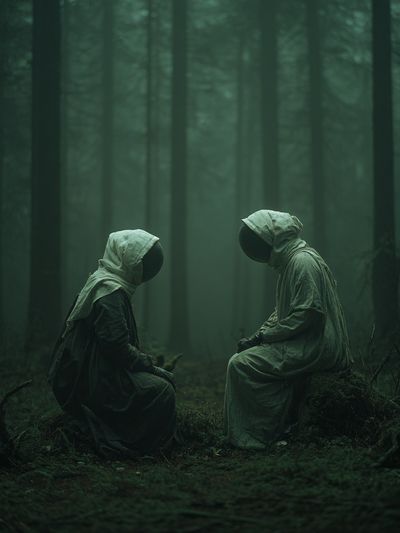 Mysterious Figures in Foggy Forest Poster. poster