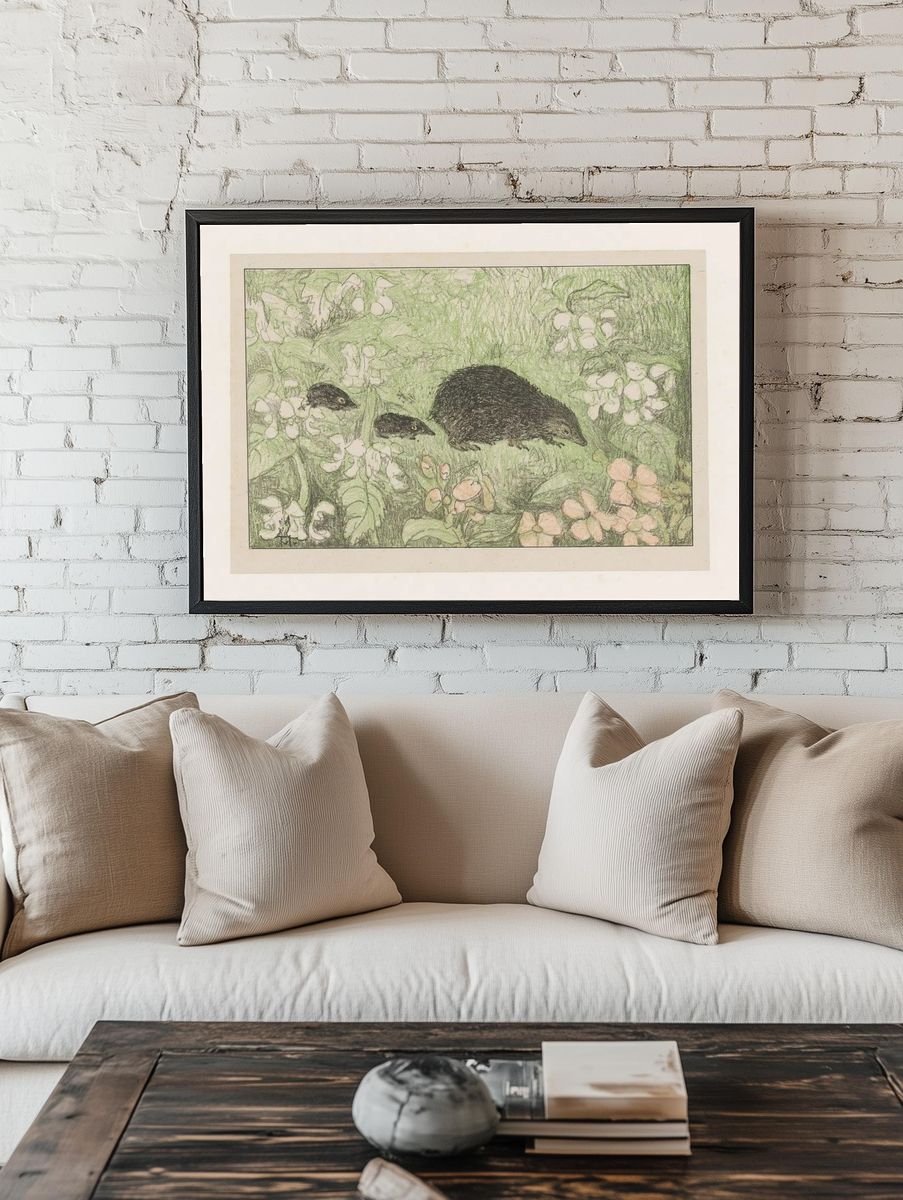 Mole Family in Blooming Garden — Illustration Print. room preview